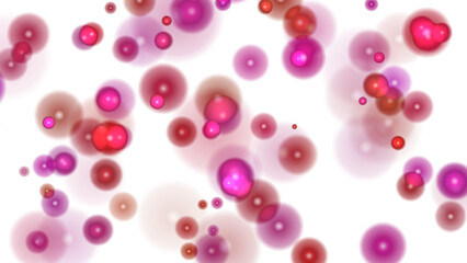 Abstract Pink & Red Glowing Bubbles Background. Vibrant Bokeh Orbs, Dynamic Particles, Cellular Pattern or Festive Celebration on White.