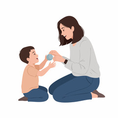 Flat Illustration Mother Playing with Child Holding Toy Ball Together