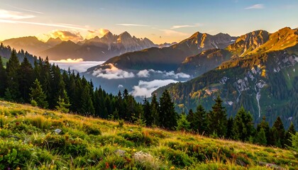 Fototapeta premium Breathtaking vista of a mountainous landscape bathed in golden hour light. Rolling hills, verdant trees, and misty valleys frame towering peaks under a clear sky