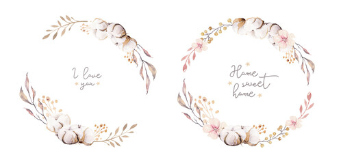 Watercolor boho floral botanical wreath. Bohemian natural frame: cotton flowers, willow flowers leaves. Isolated on white background. Decoration illustration. Save the date and weddign design