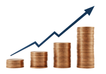 Isolated illustration of rising graph and stacks of golden coins depicting financial success