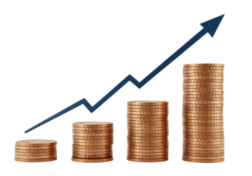 Isolated illustration of rising graph and stacks of golden coins depicting financial success