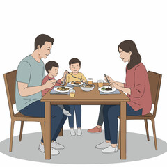 Hand Drawn Family Gathering Around Wooden Table Dining Illustration