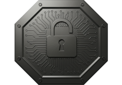 Isolated Cyber Security Symbol, Metal Padlock With Digital Circuit Pattern, Technology Protection