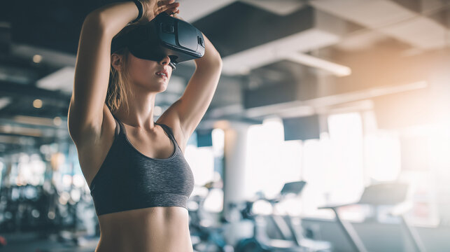 Athletic woman exercising with VR