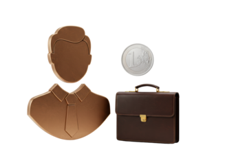Isolated businessman avatar, one euro coin and brown business briefcase in studio shot