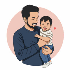 Cartoon Style Illustration of a Loving Father Holding His Little Son