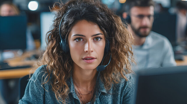 Woman with headset in busy office focused expression