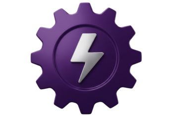 Isolated shiny purple gear icon with lightning bolt, industrial symbol, power concept design