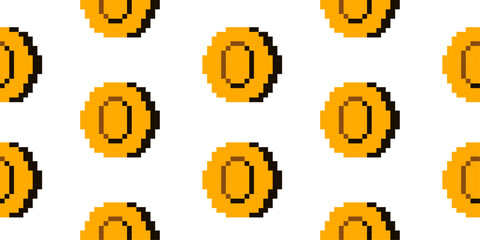 Game pixel art seamless pattern. Retro arcade coin 8-bit symbol. Nostalgic backdrop, award design print, wallpaper, cover.