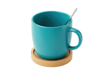Isolated cyan coffee mug with teaspoon on a wooden coaster stands on the tabletop