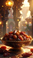 Dried dates in ornate bowl, warm lighting, festive background