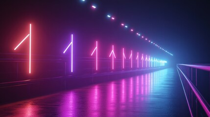 Neon-lit walkway with upward-pointing arrows