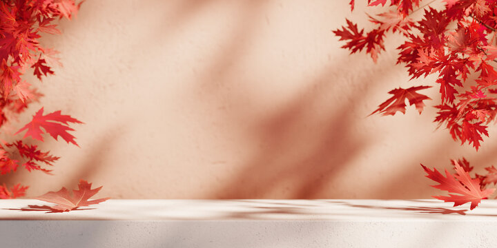 Autumn background table with fallen red maple leaves. Natural seasonal home decor for fall season, thanksgiving and holiday showroom. Product placement display countertop.