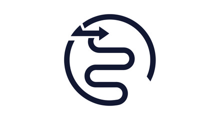 Curved arrow path within a circular frame representing process flow.