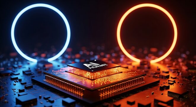 Futuristic glowing processor with blue and orange neon rings in a dark, circuitboardthemed environment