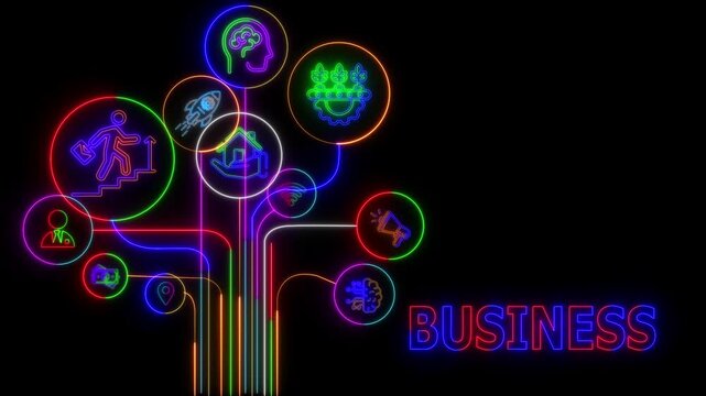 Neon teamwork illustration featuring futuristic icons for business growth, innovation, communication, creativity, leadership, technology, motivation, and success, glowing with vibrant colors against,