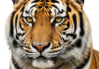 Obraz premium Close up of a majestic tiger face isolated on white background looking ahead