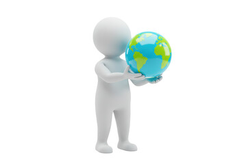 Isolated 3D rendering of figure holding globe showing Earth continents and ocean bodies