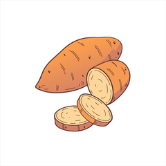 Hand drawn illustration of a whole sweet potato and sliced pieces