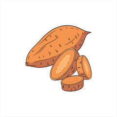 Whole and sliced sweet potato illustration on white background