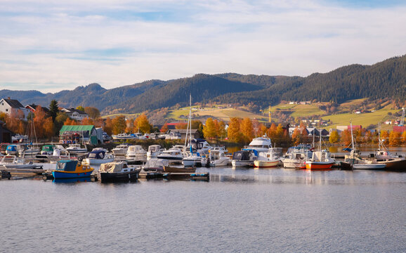Orkanger port, Norway. Coastal landscape with boats and yachts