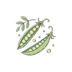 Two open pea pods with peas and a sprig of leaves