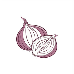 Stylized illustration of a whole red onion and a halved red onion