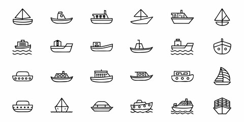 Collection of twenty four boat icons with different designs in simple black outline style on white background
