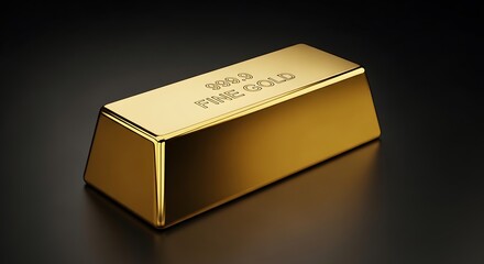 A highly polished, golden rectangular bar of fine gold, gleaming against a dark background, displays the inscription "999 Fine Gold".