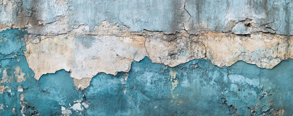 Closeup of weathered blue marble and concrete texture with peeling paint, cracks, and grunge patterns. Abstract background for design, architecture, and urban decay concepts.