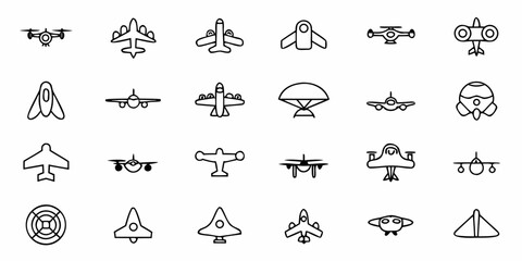 Collection of various aircraft and flying machines in outline style depicting aviation technology icons