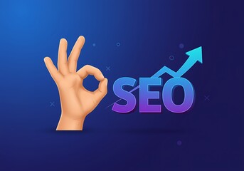 Perfect SEO Strategy Hand Gesture Illustrating Growth and Success in Search Engine Optimization with Upward Trend Arrow and Vibrant Gradient Design