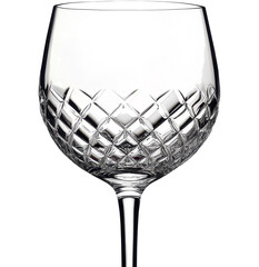 Closeup of an empty crystal wine glass with diamond cut pattern, isolated on transparent background. Elegant stemware for luxury dining, bar, or hospitality concepts.