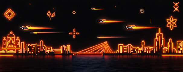 Futuristic city skyline with neon vehicles and abstract shapes orange
