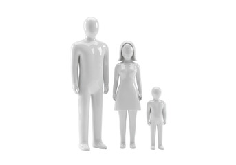 Isolated family standing in a line, father, mother, and child mannequins for retail display