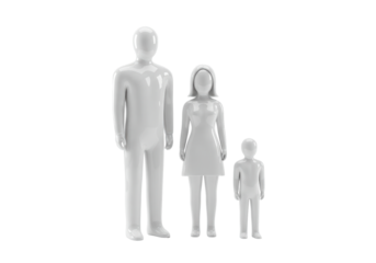 Isolated family standing in a line, father, mother, and child mannequins for retail display