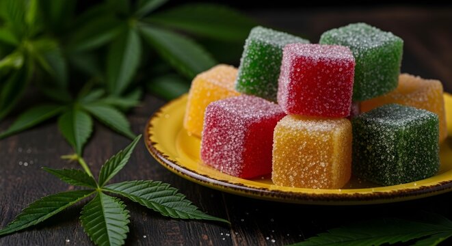 Colorful cannabis edibles on a yellow plate with marijuana leaves.