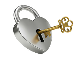Isolated heart-shaped padlock with a golden key – unlocking love and security concept