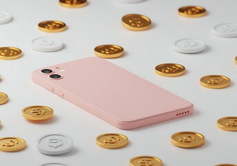 Pink Smartphone and Golden Coins Illustrating Mobile Payment Digital Banking and Financial Technology Concepts for Online Business and Ecommerce Success