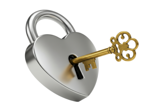 Isolated heart-shaped padlock with a golden key – unlocking love and security concept