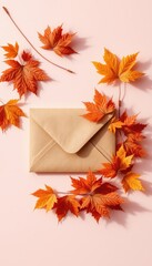 Fall Message Envelope Surrounded by Colorful Autumn Foliage on a Warm Pink Background