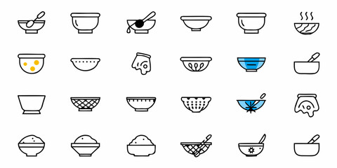 Collection of twenty four different bowls with various designs and contents in a grid pattern style