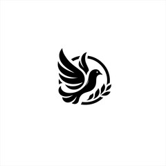 Stylized black dove with olive branch inside a circle logo
