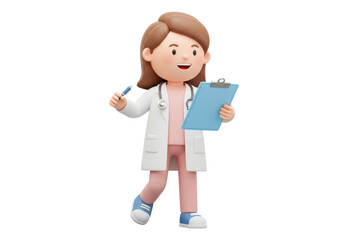 Isolated young female doctor looking at clipboard, 3D cartoon person with stethoscope