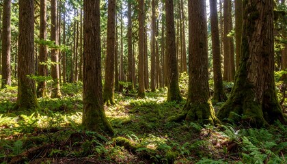 Obraz premium Sunlight filtering through a dense forest (2)