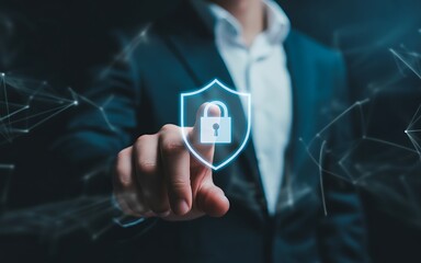Cybersecurity Protection Securing Data with Fingerprint Verification and Shield Lock, Emphasizing Network Safety and Modern Security Solutions
