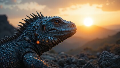 Fototapeta premium Close-up of a dark iguana, showcasing its textured skin and formidable spines, set against a dramatic sunset over a mountainous landscape.