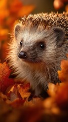 Fototapeta premium Hedgehog exploring vibrant autumn leaves in a forest setting during afternoon light