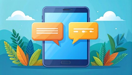 Mobile phone with chat bubbles in a nature scene